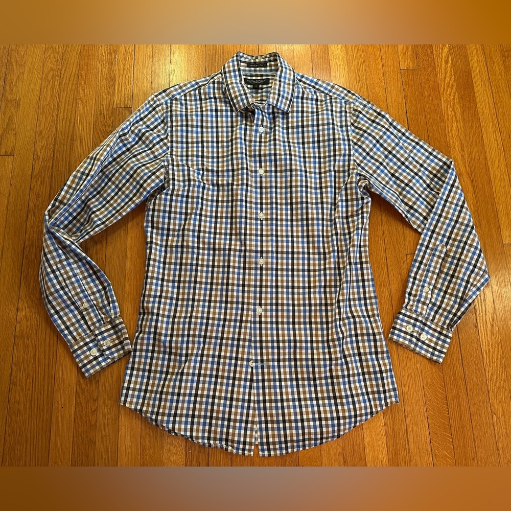 Banana Republic Blue/Brown Checked 120s Supima Cotton Dress Button Down, Size S